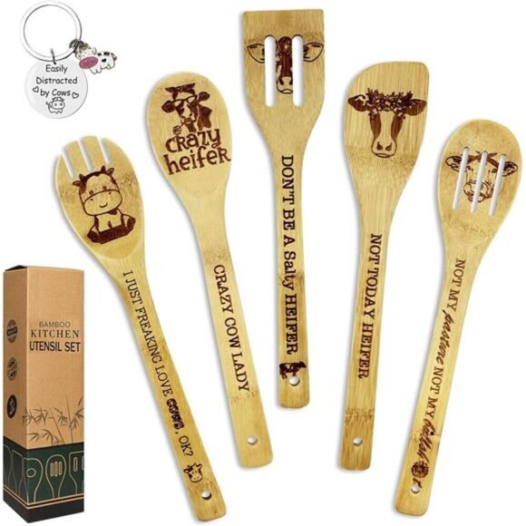 Funny Cow-Themed Bamboo Kitchen Utensil Set–5-Piece Engraved Gift for Cow Lovers - Picture 1 of 5